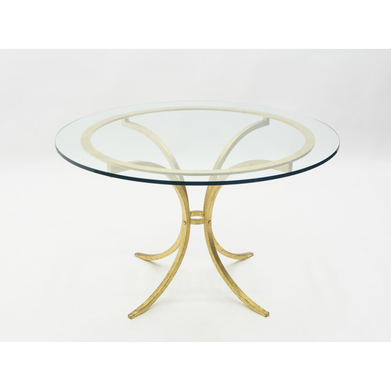 Table vintage de Thibier en fer doré verre et fonte d'acier 1960