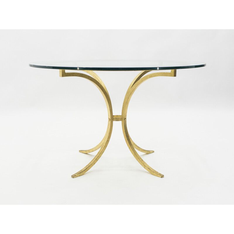 Table vintage de Thibier en fer doré verre et fonte d'acier 1960