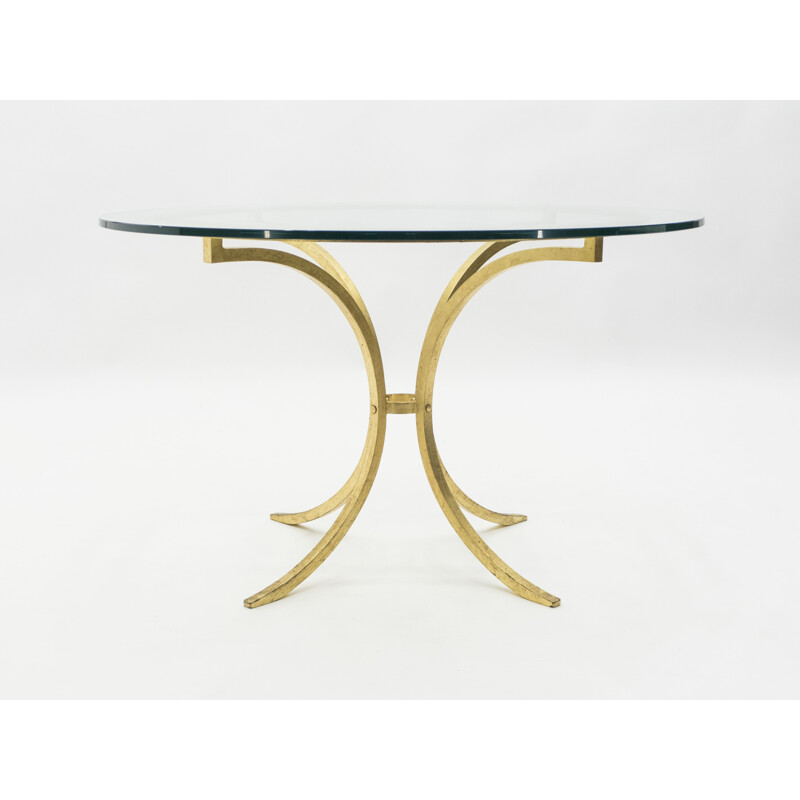 Vintage table by Thibier in gilded iron glass and cast steel 1960