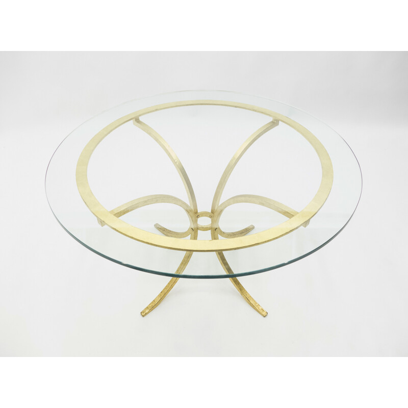 Vintage table by Thibier in gilded iron glass and cast steel 1960