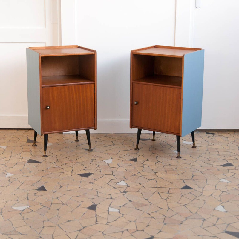 Pair of vintage scandinavian blue bedside tables in teak and brass