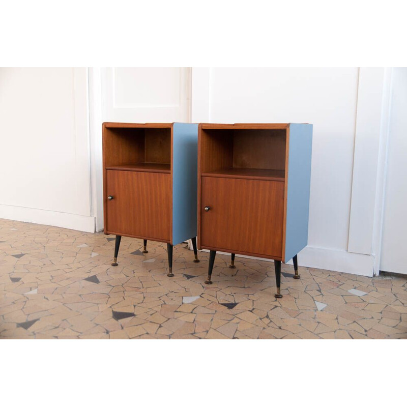 Pair of vintage scandinavian blue bedside tables in teak and brass