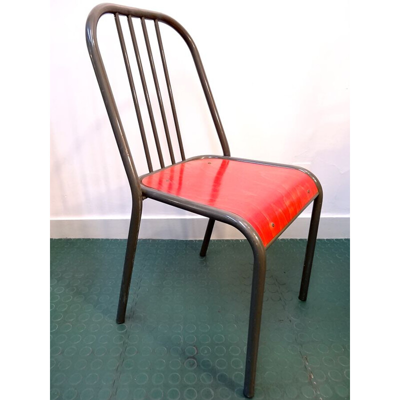Paire de chaises vintage françaises rouge en acier gris 1980