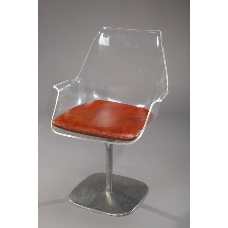 Vintage armchair in red leather plexiglas and cast aluminium 1970