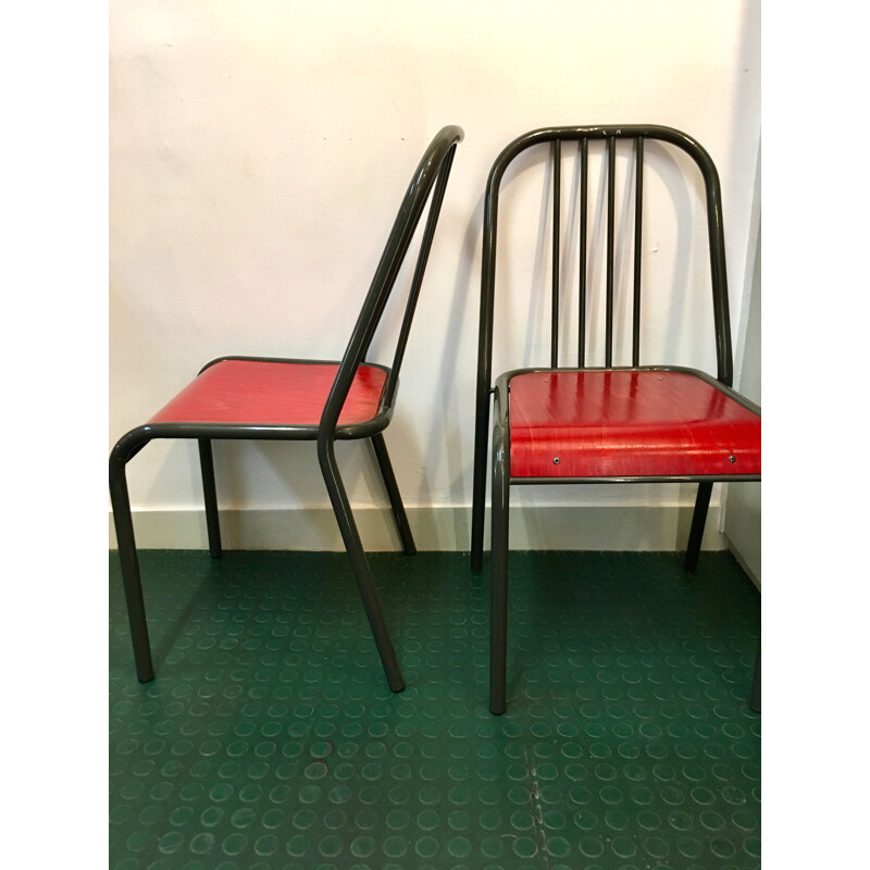 Pair of vintage red french chairs in grey steel 1980