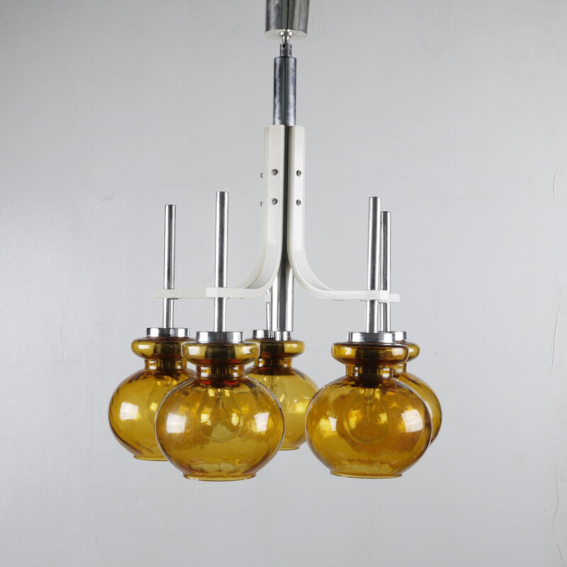 Vintage yellow glass and metal chandelier, 1960