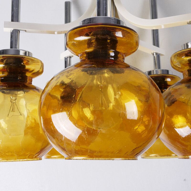 Vintage yellow glass and metal chandelier, 1960