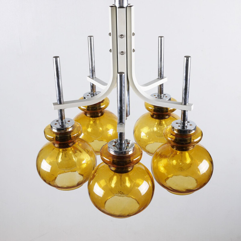 Vintage yellow glass and metal chandelier, 1960