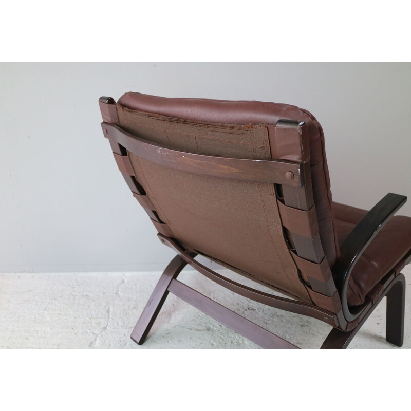 Vintage danish armchair in brown leather and bentwood 1960