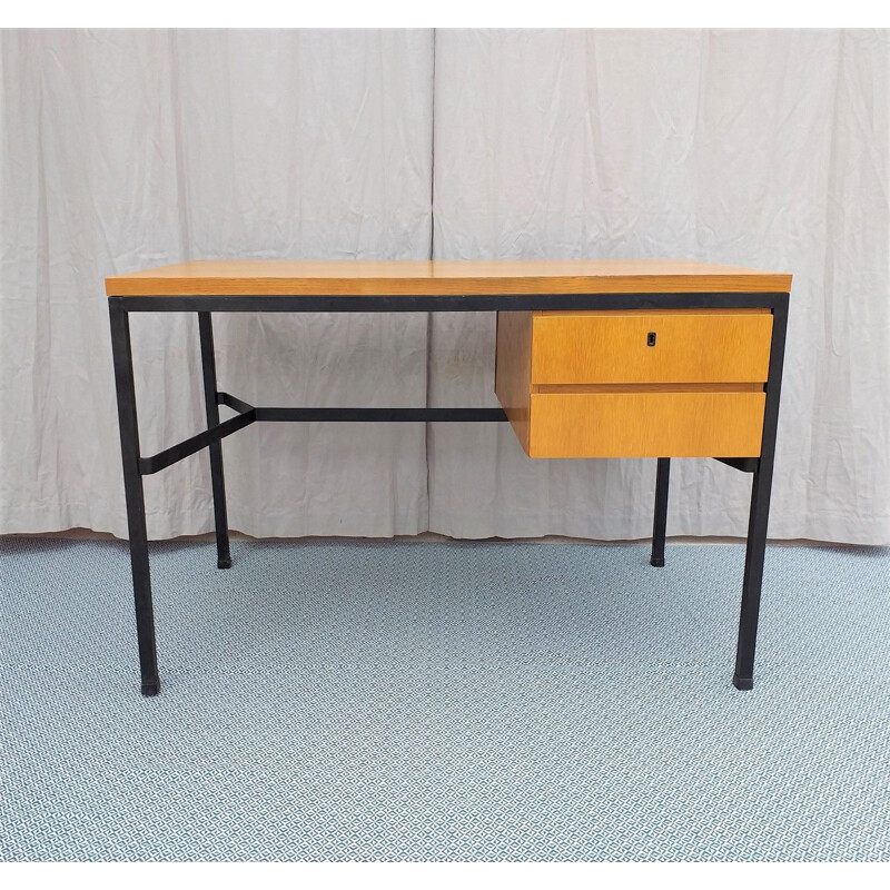 French vintage desk in wood and metal 1950