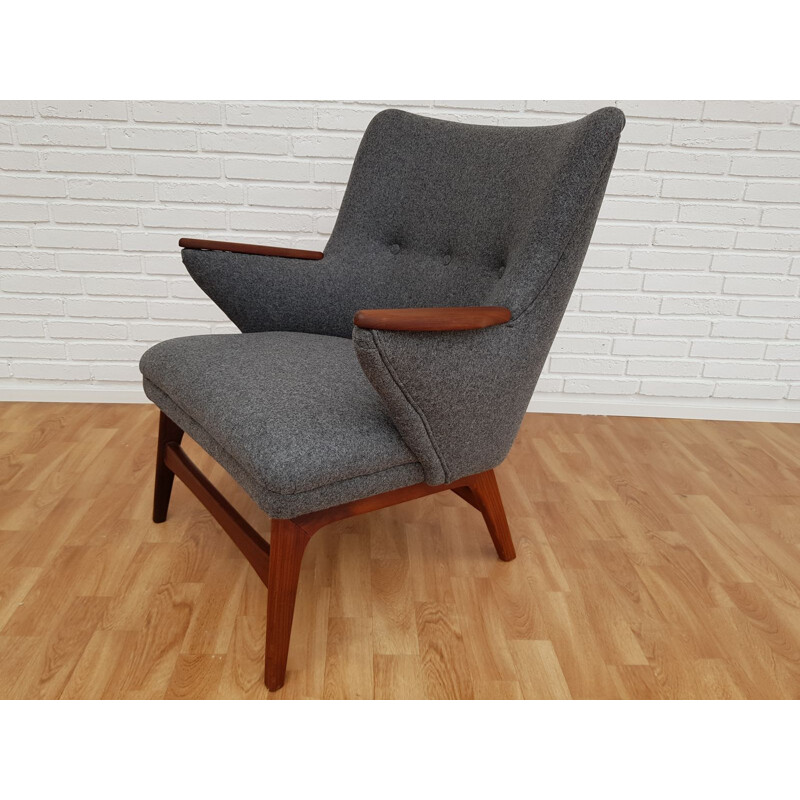 Vintage danish armchair in grey wool and teakwood 1960
