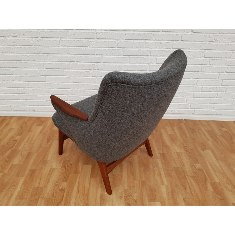 Vintage danish armchair in grey wool and teakwood 1960