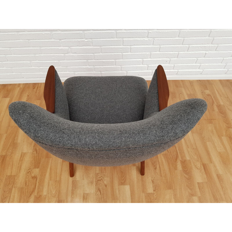 Vintage danish armchair in grey wool and teakwood 1960