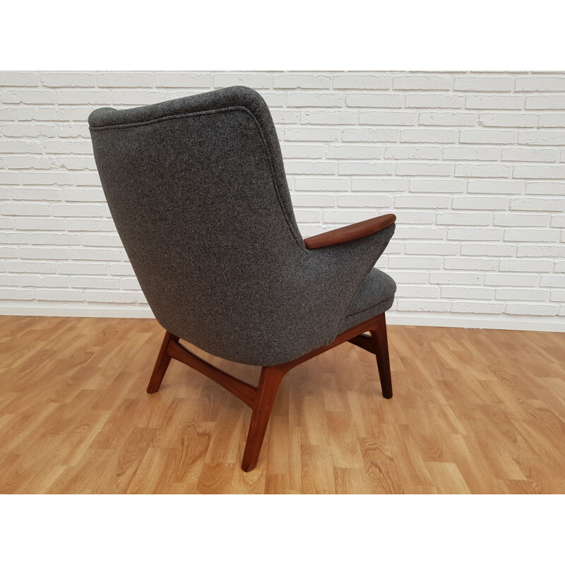 Vintage danish armchair in grey wool and teakwood 1960