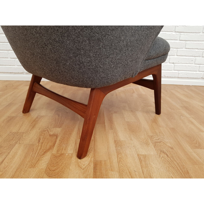 Vintage danish armchair in grey wool and teakwood 1960