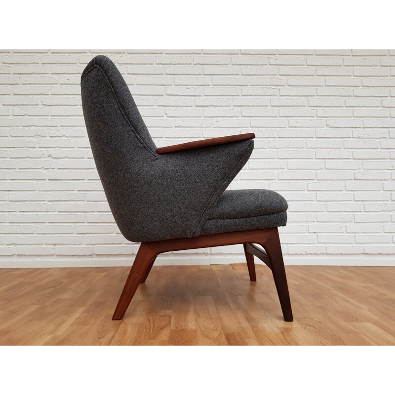 Vintage danish armchair in grey wool and teakwood 1960