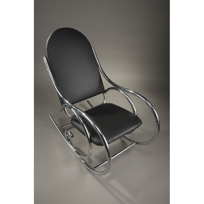 French vintage rocking chair in metal and black leatherette 1950