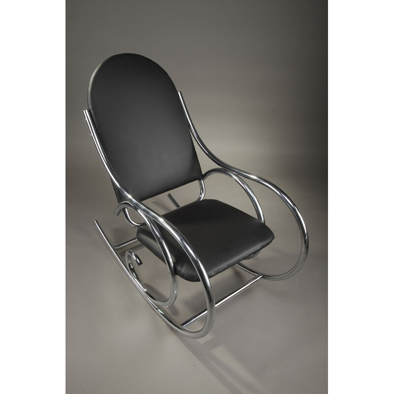 Rocking chair vintage français en métal et simili cuir noir 1950