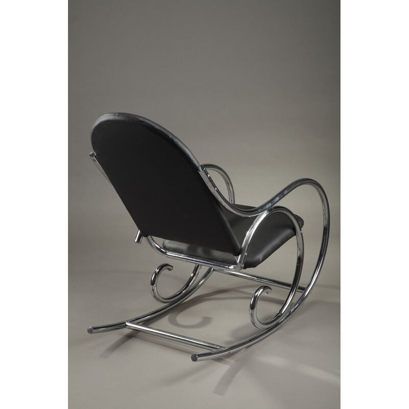 French vintage rocking chair in metal and black leatherette 1950