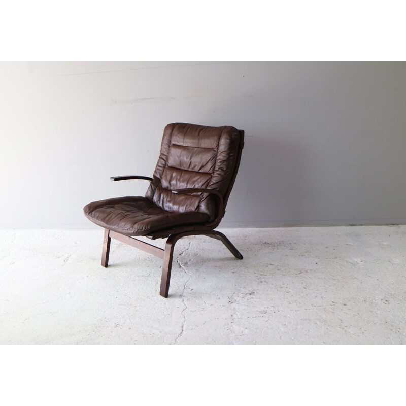 Set of 2 vintage danish armchairs in brown leather and bentwood 1960