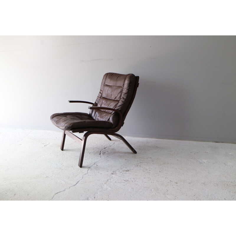 Ensemble de 2 fauteuils vintage danois en cuir marron et bois courbé 1960