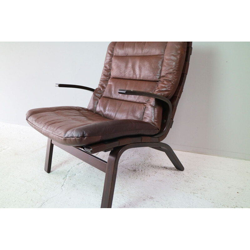 Ensemble de 2 fauteuils vintage danois en cuir marron et bois courbé 1960