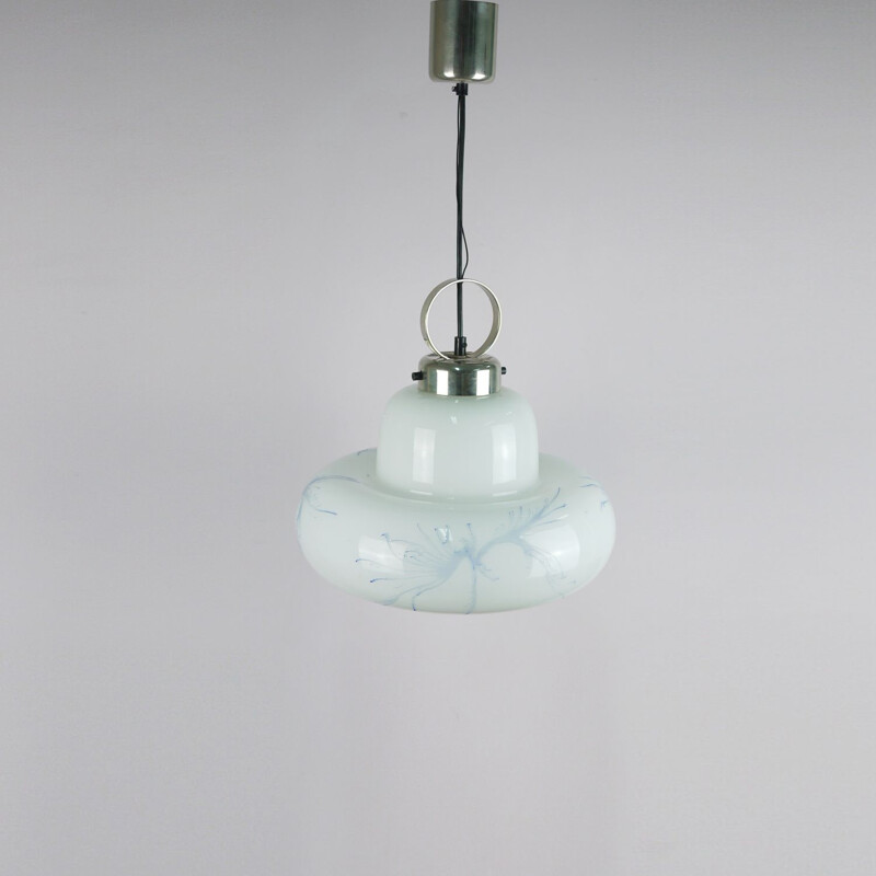 Vintage pendant in white and blue opaline and chrome 1970