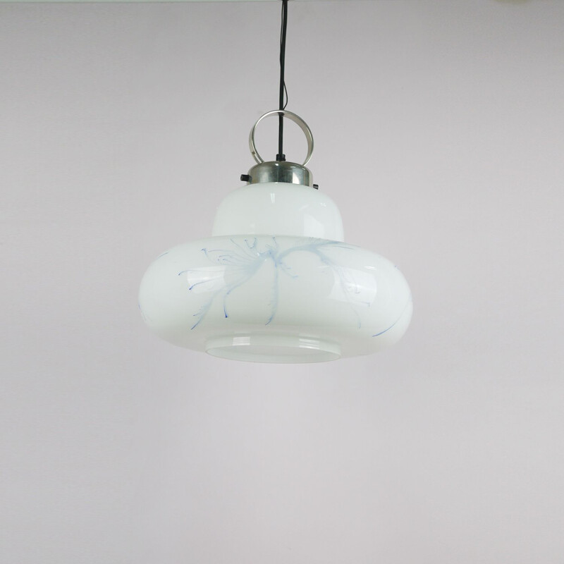 Vintage pendant in white and blue opaline and chrome 1970