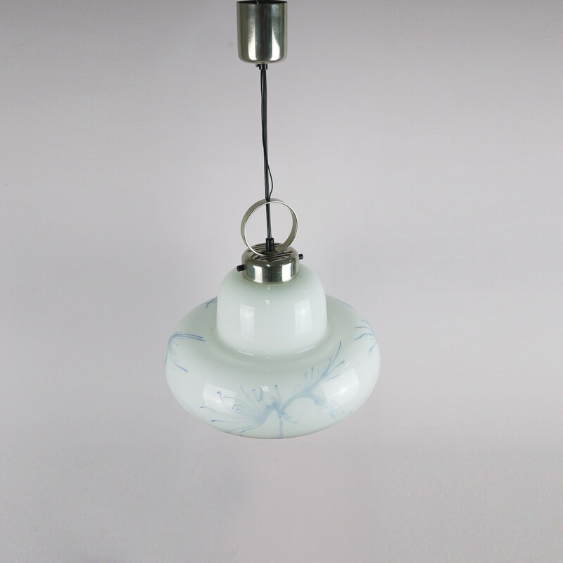 Vintage pendant in white and blue opaline and chrome 1970