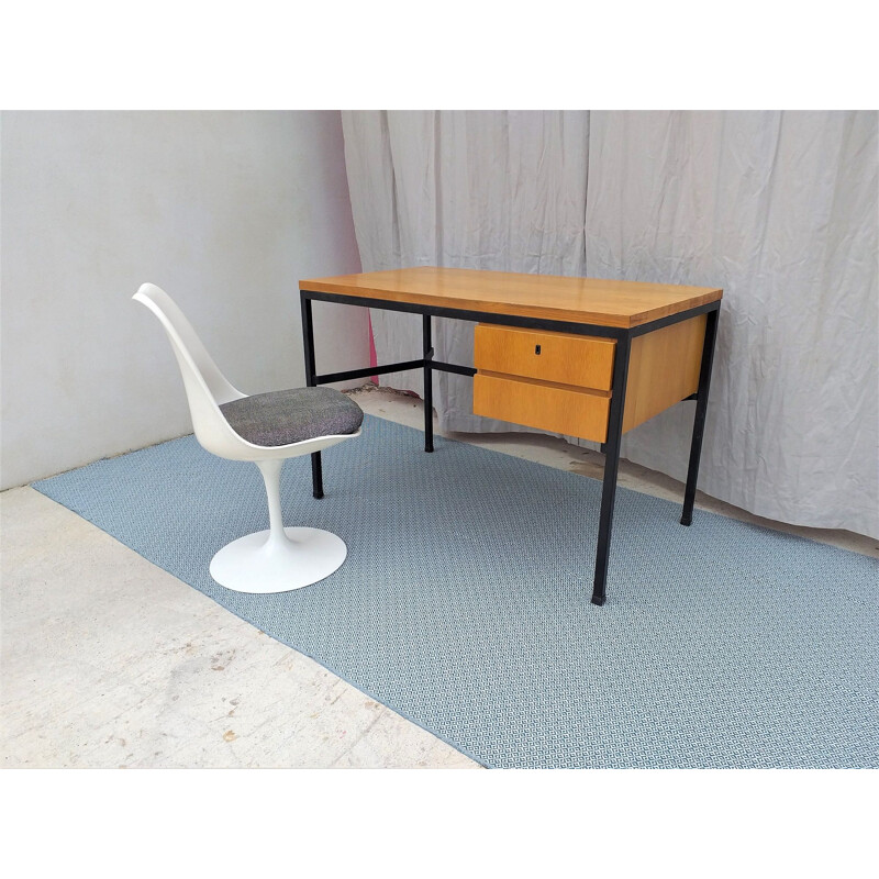 French vintage desk in wood and metal 1950