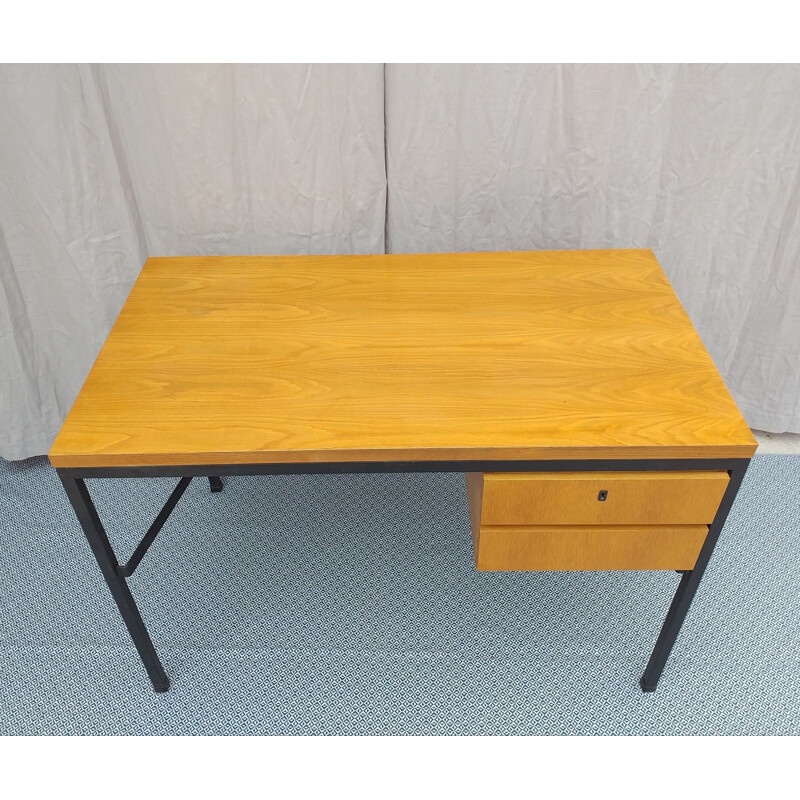 French vintage desk in wood and metal 1950