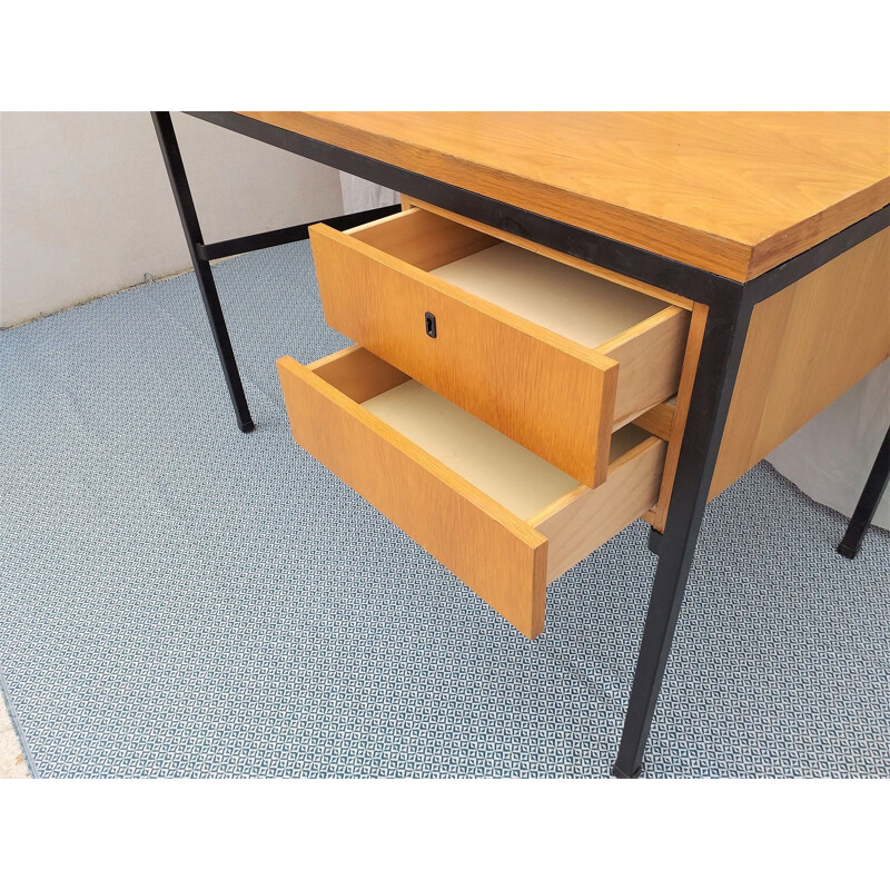 Bureau vintage français en bois et métal 1950