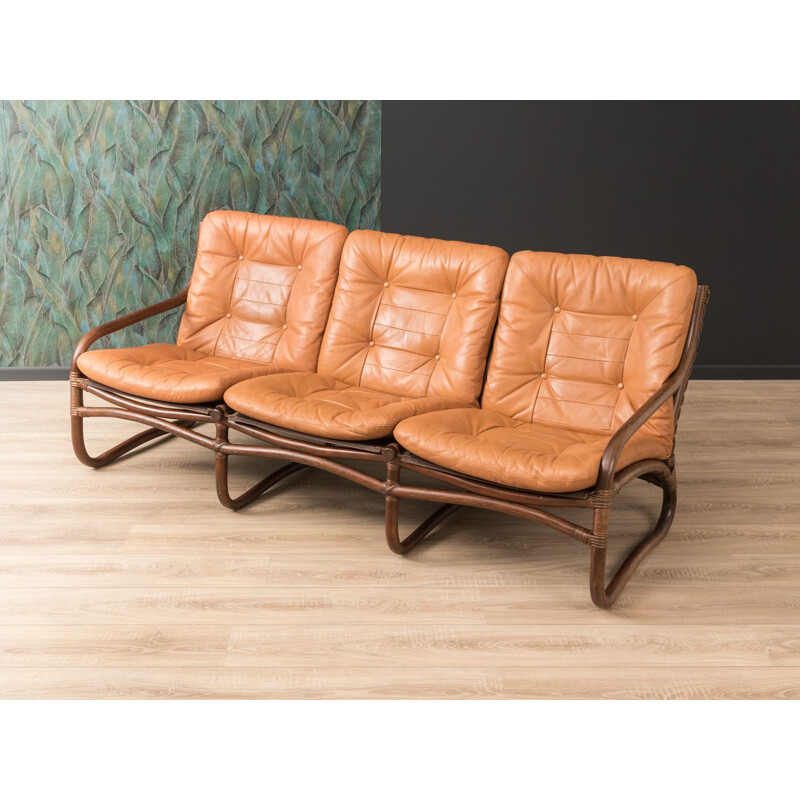 Canapé vintage en cuir marron et bambou 1960