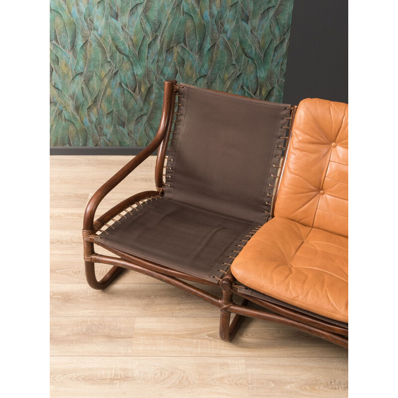 Canapé vintage en cuir marron et bambou 1960