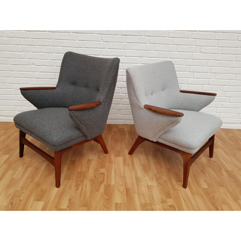 Ensemble de 2 fauteuils vintage danois en laine grise et teck 1960