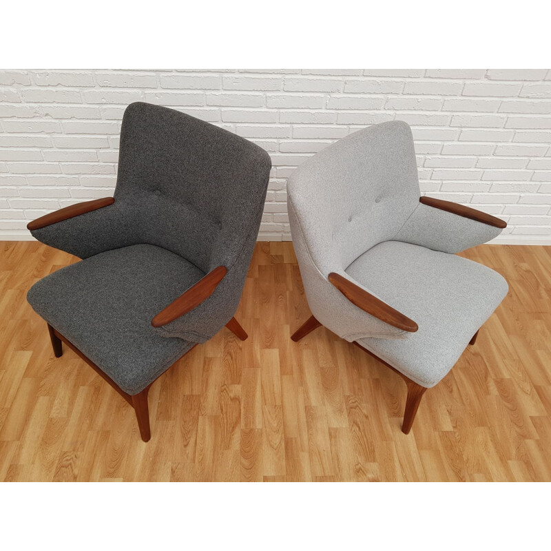 Set of 2 vintage danish armchairs in grey wool and teakwood 1960