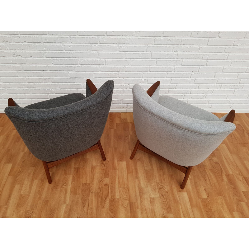 Set of 2 vintage danish armchairs in grey wool and teakwood 1960