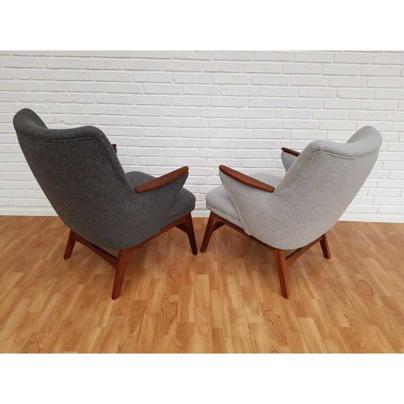 Ensemble de 2 fauteuils vintage danois en laine grise et teck 1960