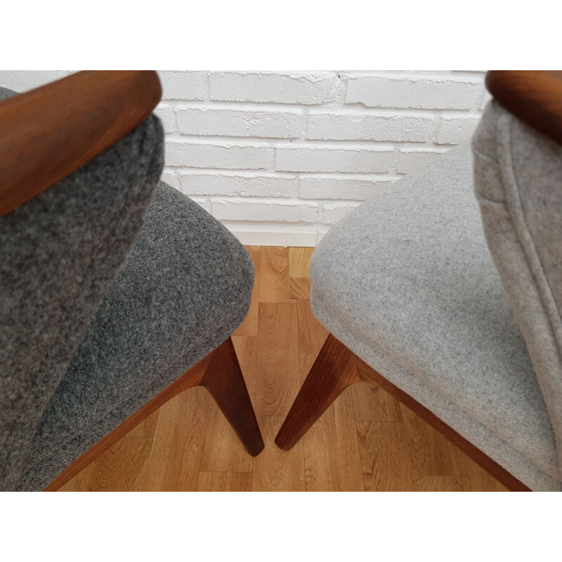 Set of 2 vintage danish armchairs in grey wool and teakwood 1960