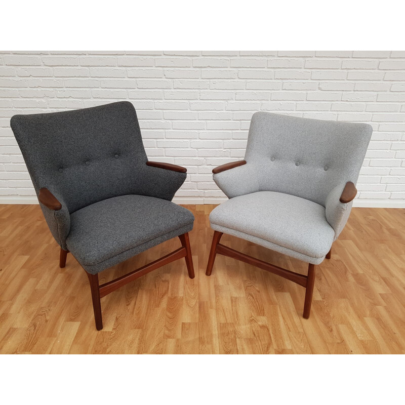 Ensemble de 2 fauteuils vintage danois en laine grise et teck 1960