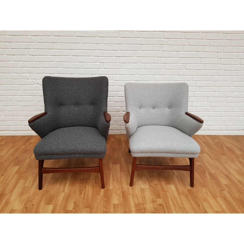 Set of 2 vintage danish armchairs in grey wool and teakwood 1960