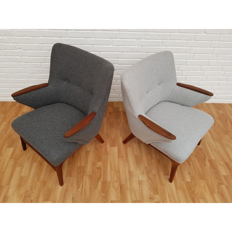 Ensemble de 2 fauteuils vintage danois en laine grise et teck 1960