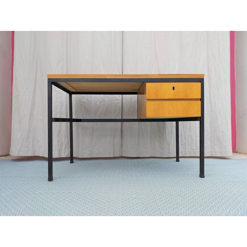 French vintage desk in wood and metal 1950