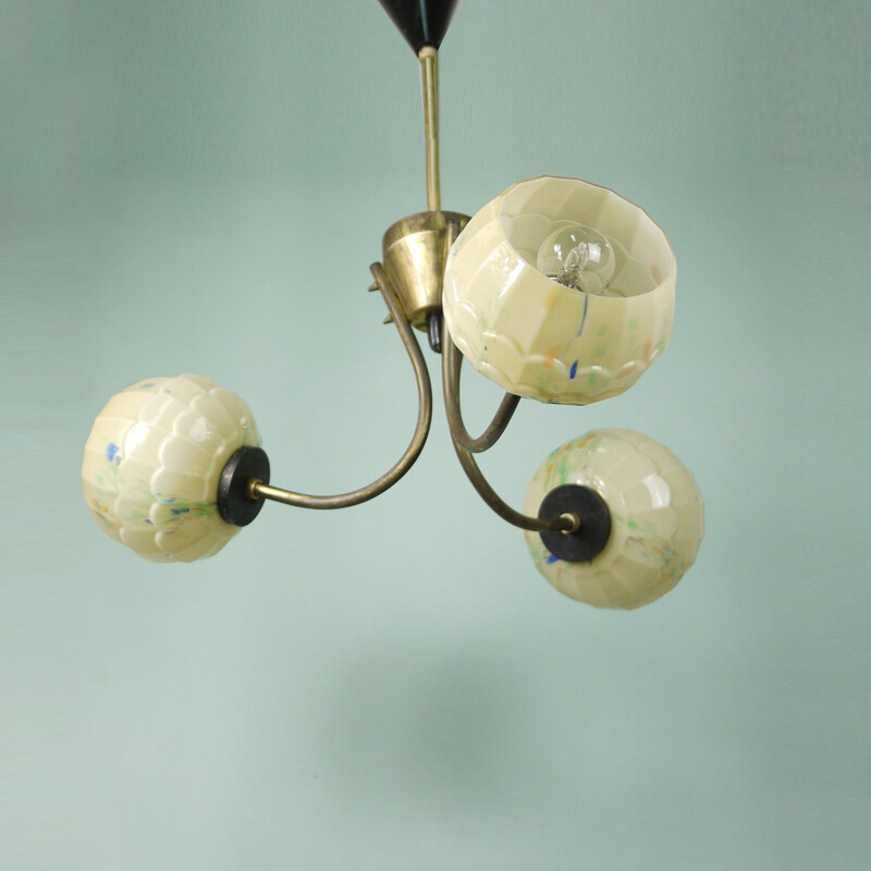 Vintage chandelier in opaline and brass Italy 1940s 