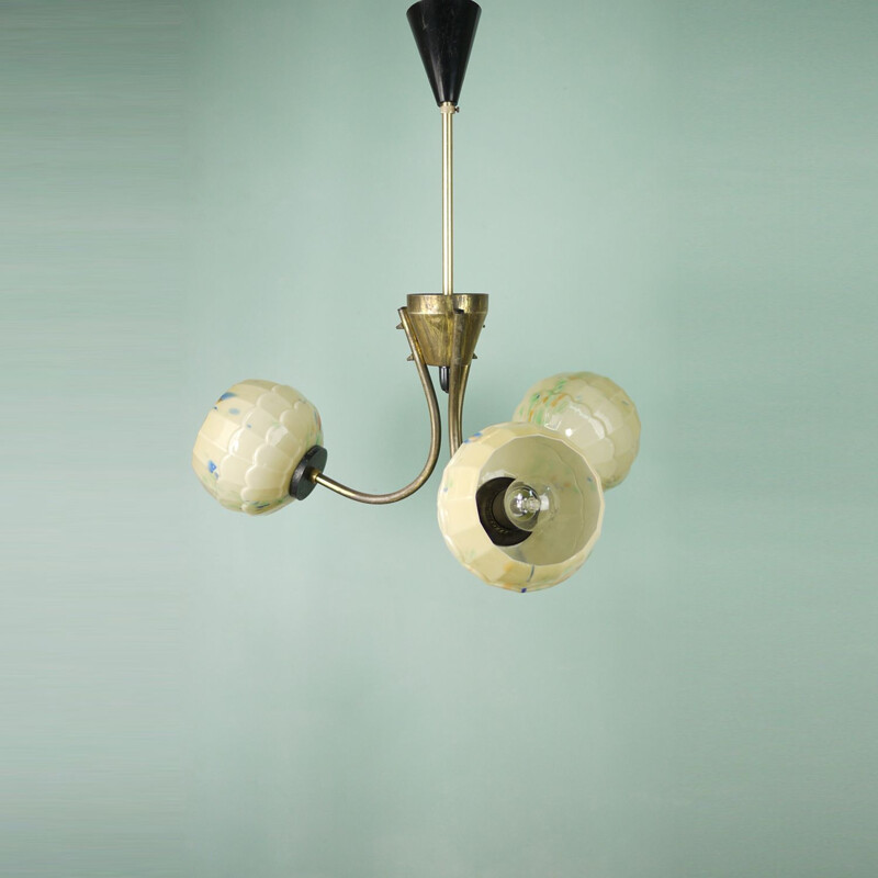 Vintage chandelier in opaline and brass Italy 1940s 