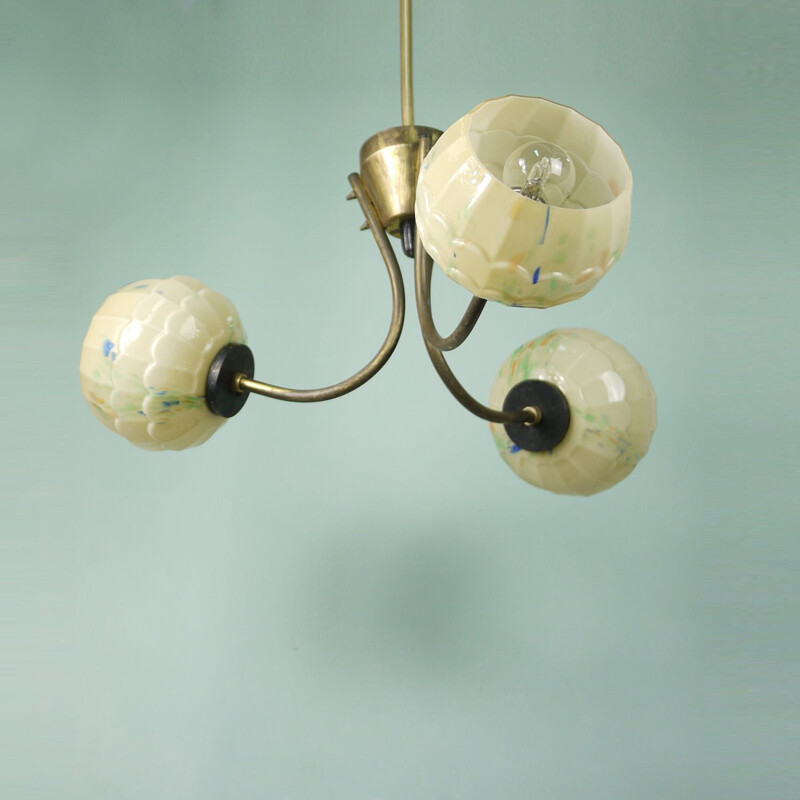 Vintage chandelier in opaline and brass Italy 1940s 