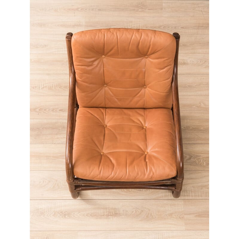 Fauteuil vintage bambou et cuir années 1960