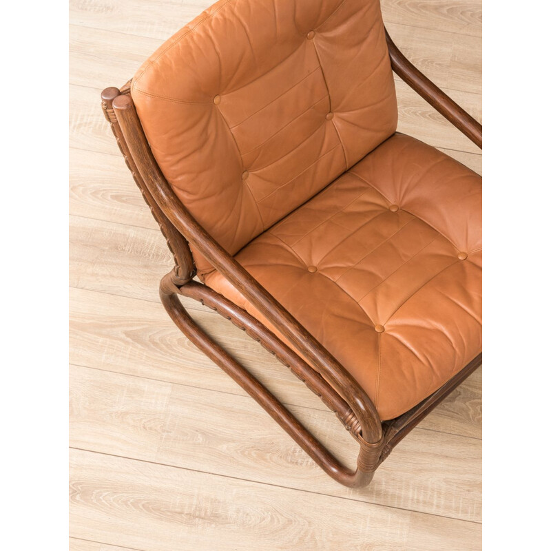 Fauteuil vintage bambou et cuir années 1960