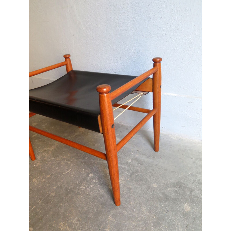 Vintage teak and black leather foot stool 1950