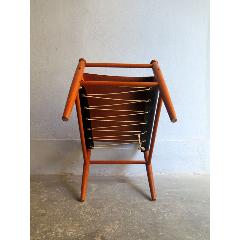 Vintage teak and black leather foot stool 1950